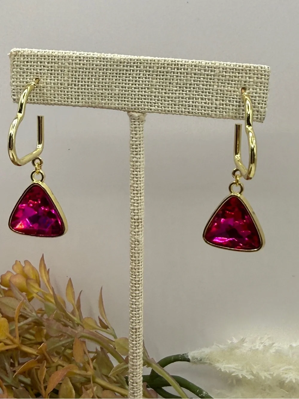 Fuchsia Trillion-Cut Crystal Heart Hoop Drop Earrings